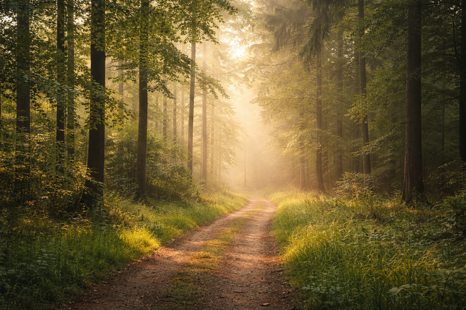 Ruhiger Waldweg im warmen Morgenlicht – bewusstes Reisen, Naturzeit und Entschleunigung

